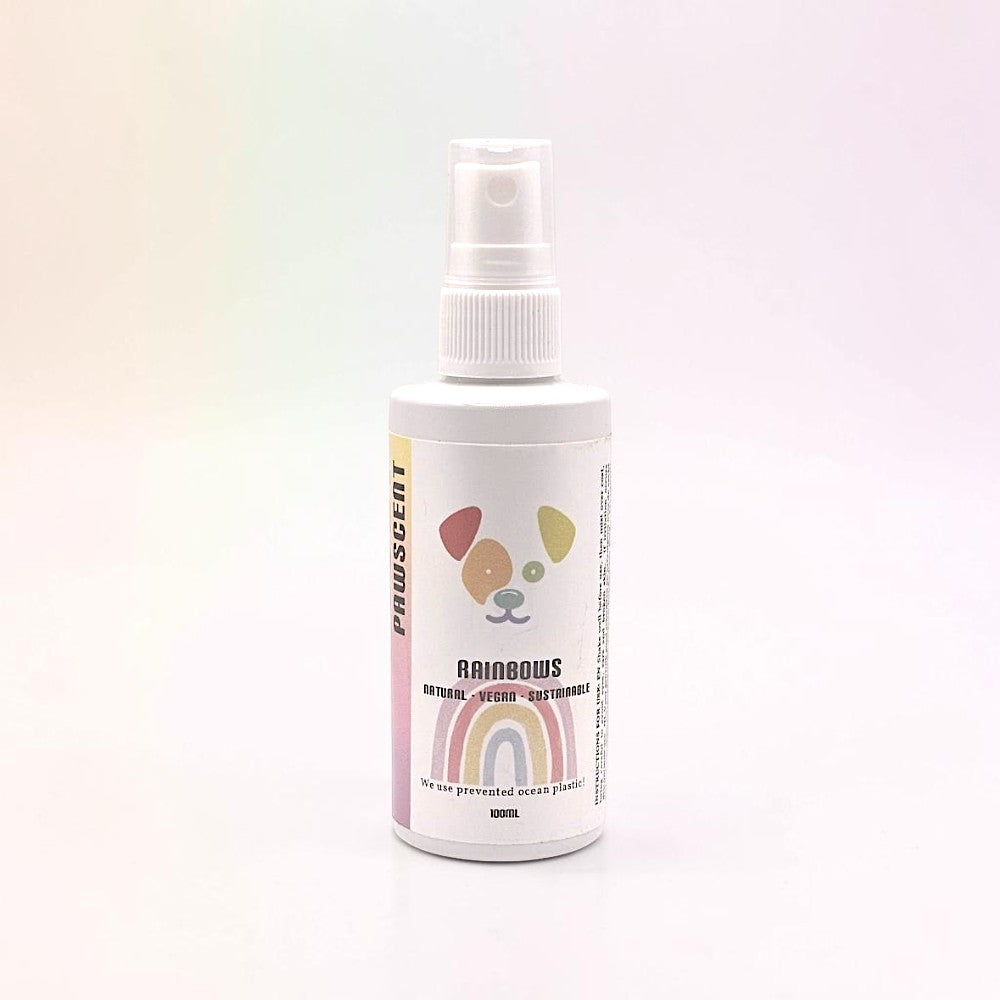 Frente Perfumada Ltd, T/A Houndsly EU Pet Products Rainbows dog fragrance spray, 100ml bottle with rainbow and dog face graphic. Vegan, natural, sustainable.