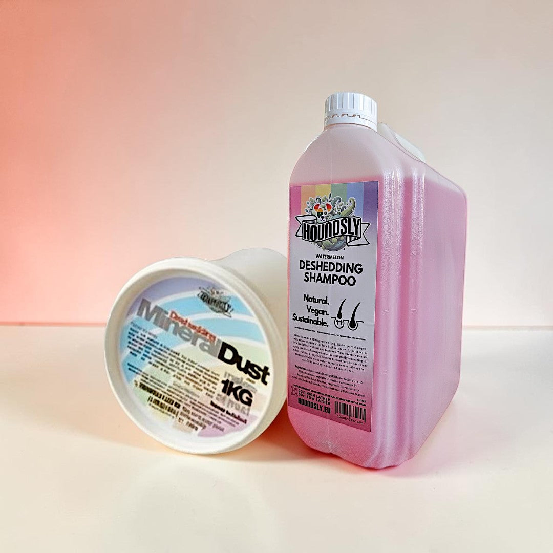 Houndsly De-Shedding Power Duo: mineral mud treatment and watermelon deshedding shampoo for dogs.