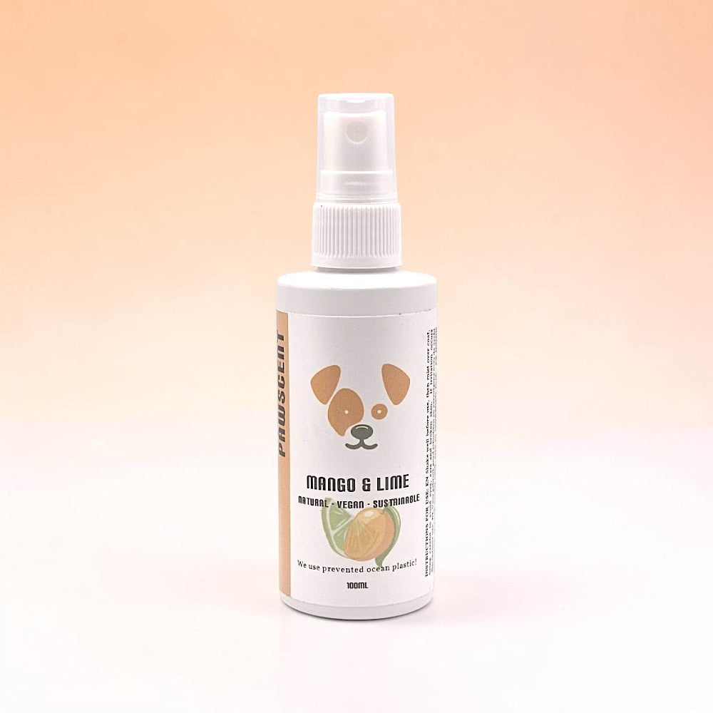 Frente Perfumada Ltd, T/A Houndsly EU Pet Products Mango & Lime dog paw spray with a cute dog face logo and mango illustration. 100ml bottle.