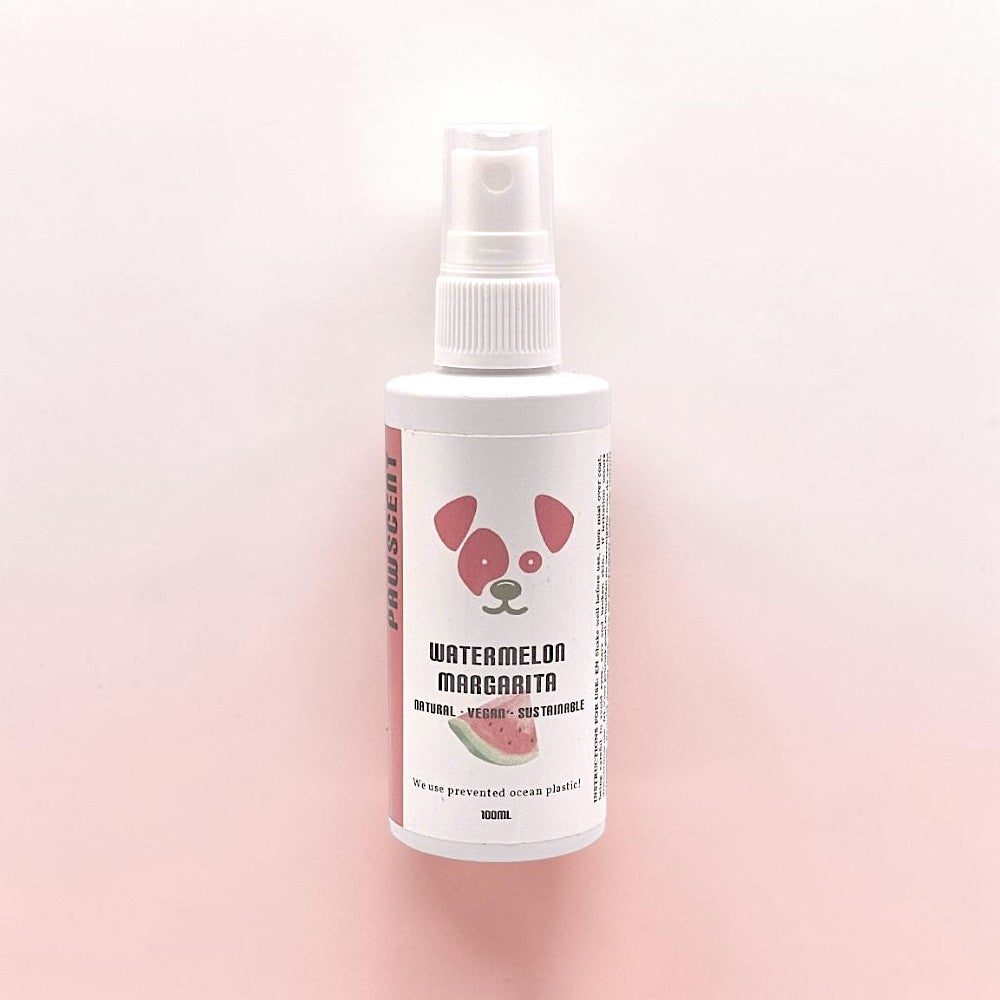 Frente Perfumada Ltd, T/A Houndsly EU Pet Products Watermelon Margarita Pawscent spray bottle with panda logo. Natural, vegan, sustainable.