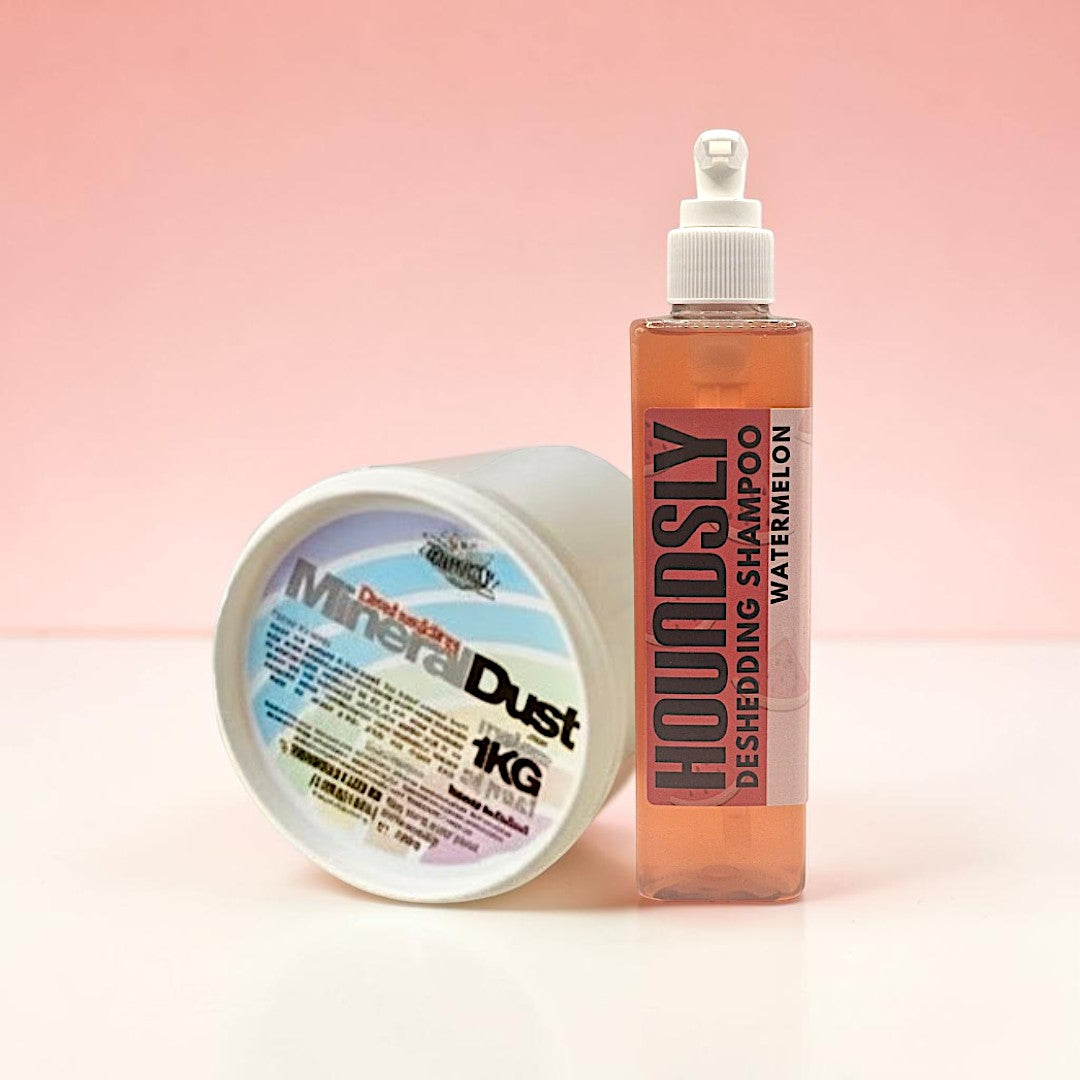 Houndsly De-Shedding Power Duo: Mineral Dust mud treatment and Watermelon deshedding shampoo for dogs.
