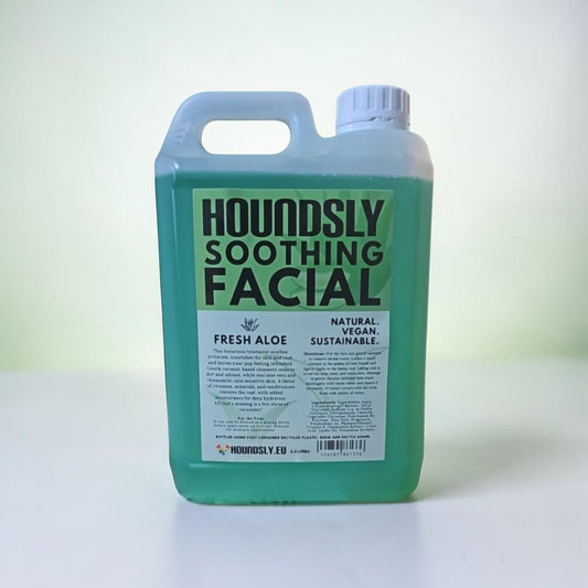 Houndsly EU Pet Products Aloe Dog Facial bottle, green liquid, soothes, nourishes, and refreshes dog skin and coat.