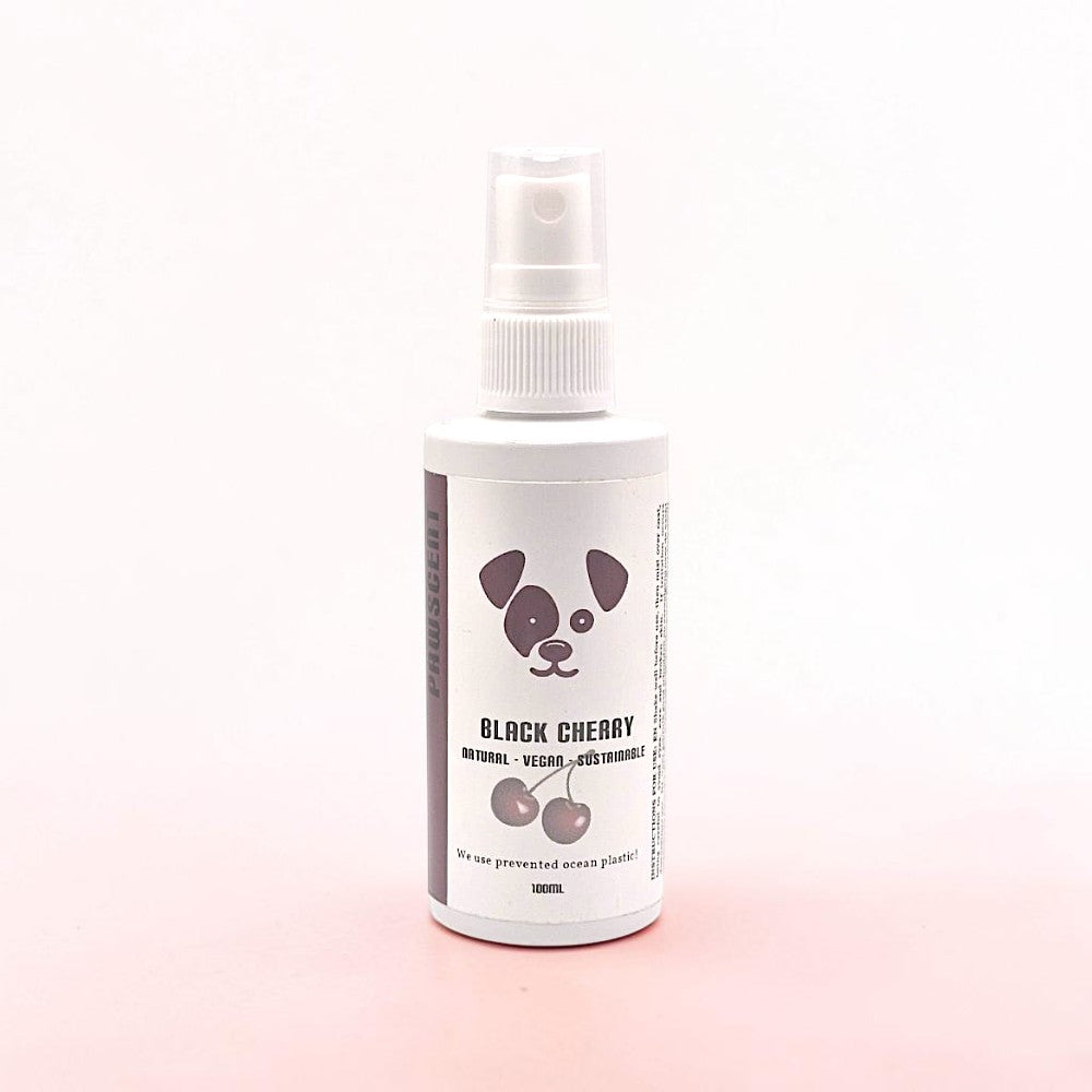 Houndsly EU Pet Products Black Cherry dog fragrance spray in a white bottle with a panda logo and cherry illustration. 100ml.