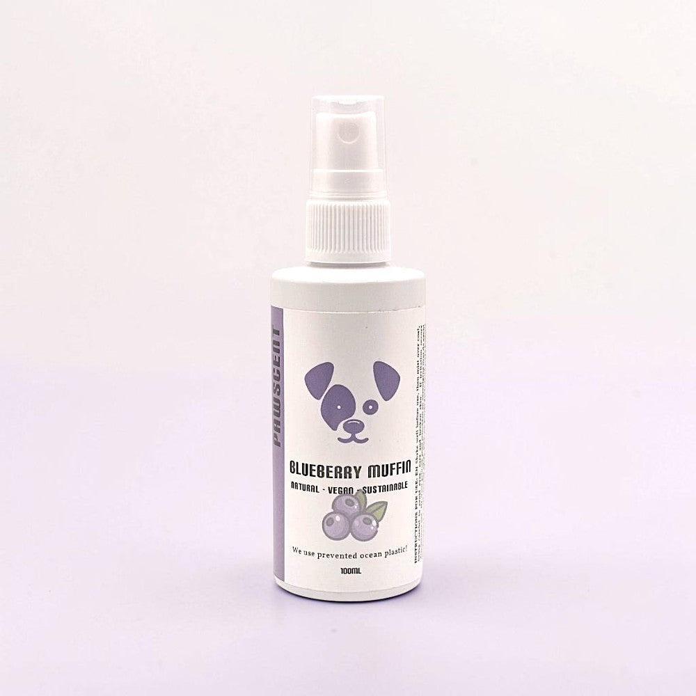 Frente Perfumada Ltd, T/A Houndsly EU Pet Products Blueberry Muffin Pawscent dog spray bottle with panda logo and blueberry illustration.
