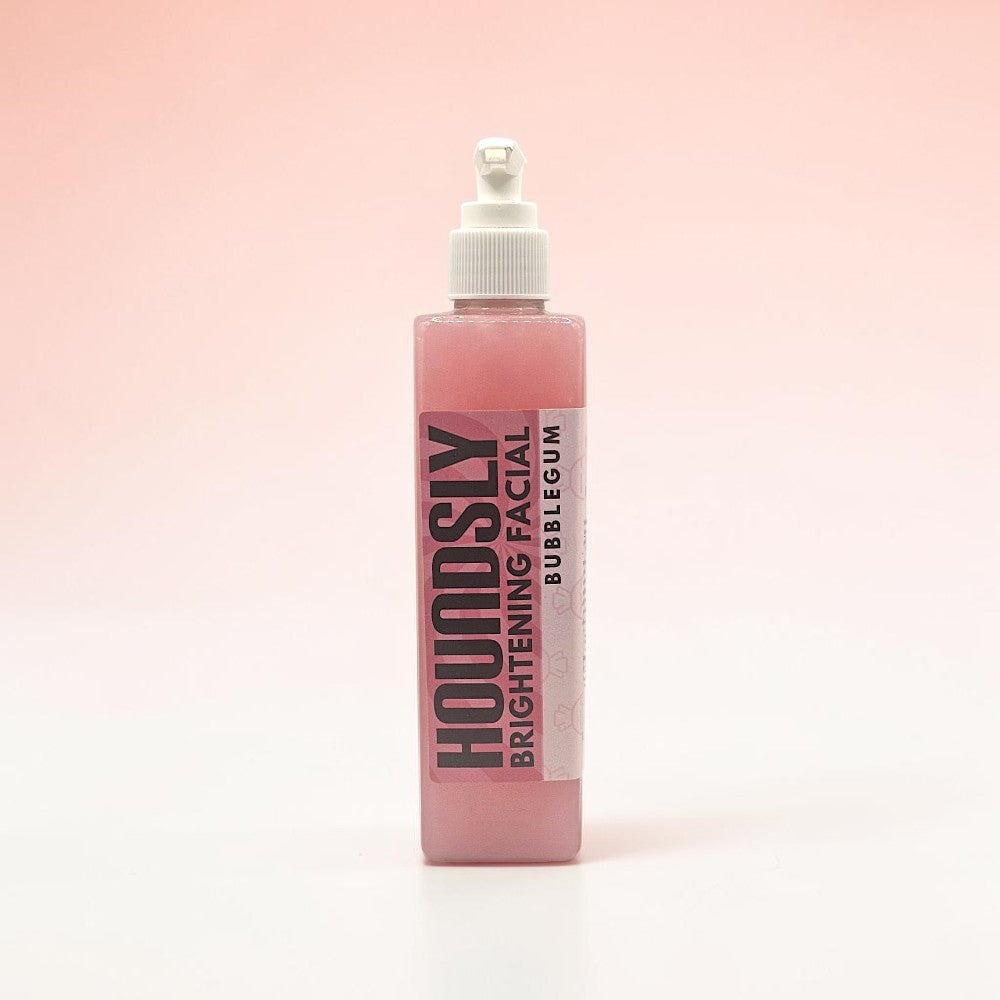 Houndsly EU Pet Products Bubblegum Brightening Facial treatment in a pink bottle with a pump dispenser. Deep conditioning formula.