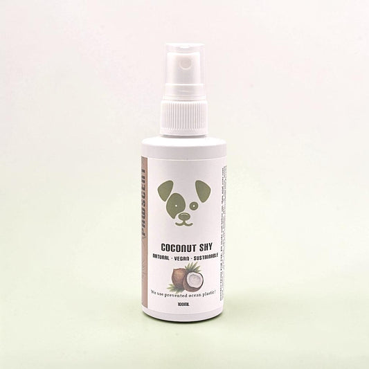 Houndsly EU Pet Products Coconut Shy dog fragrance spray with coconut and shea scent. Vegan, cruelty-free, 100ml.
