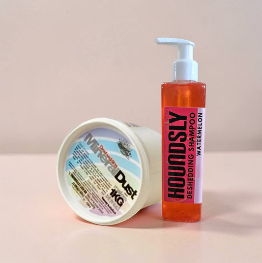 Houndsly EU Pet Products De-Shedding Duo Kit with mineral dust and watermelon shampoo.