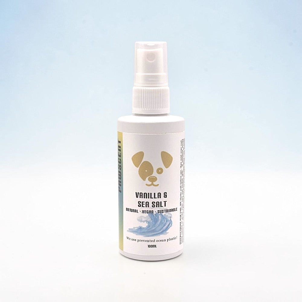 Houndsly EU Pet Products Pawscent Vanilla & Sea Salt dog fragrance spray in a white bottle with a dog face logo.