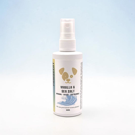 Houndsly EU Pet Products Pawscent Vanilla & Sea Salt dog fragrance spray in a white bottle with a dog face logo.