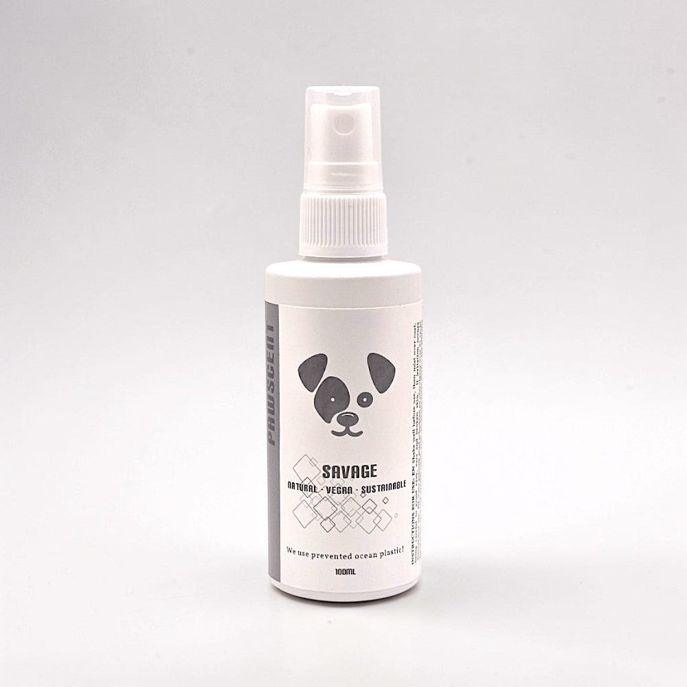 Frente Perfumada Ltd, T/A Houndsly EU Pet Products Savage dog pawscent spray with panda graphic. Natural, vegan, sustainable.