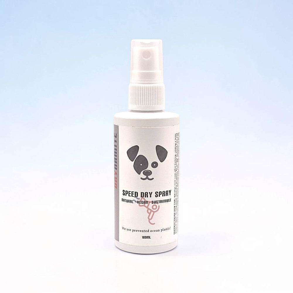 Houndsly EU Pet Products DRYnamite Speed Dry Spray bottle with panda logo, natural, vegan, sustainable formula.