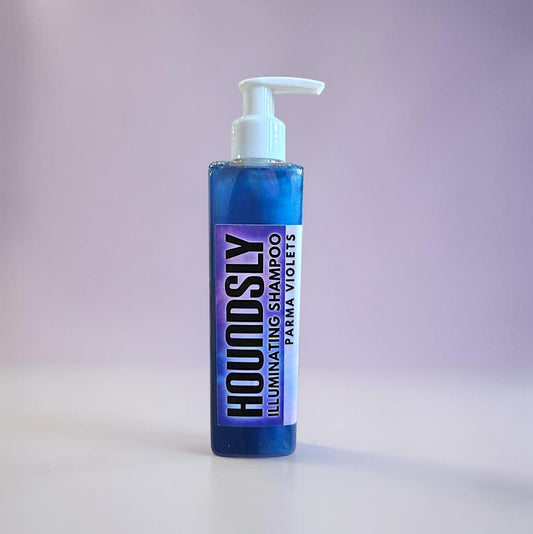 Houndsly EU Pet Products Ultra Violet Whitening Dog Shampoo bottle with pump dispenser, 250ml. Blue shimmering liquid.