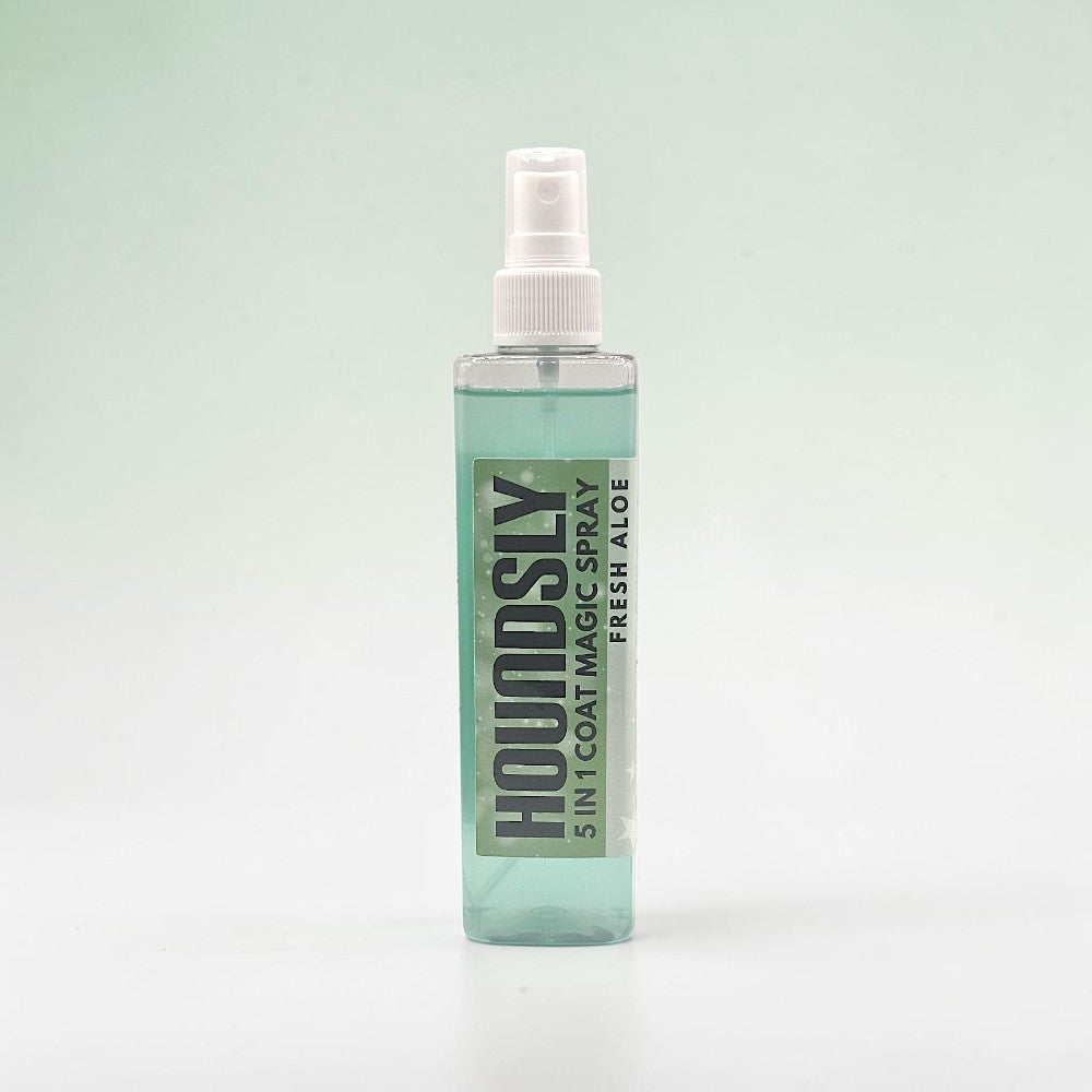 Frente Perfumada Ltd, T/A Houndsly EU Pet Products 5 in 1 Coat Magic Spray with Aloe & Cucumber for detangling, conditioning, and frizz ease.